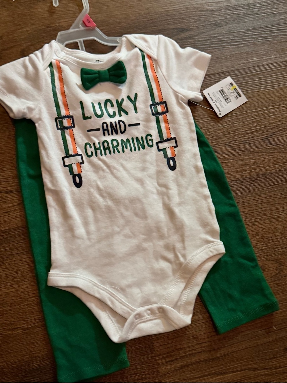 Lucky and Charming White & Green Baby Matching Bodysuit Set